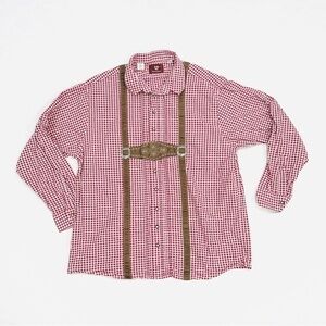 Trachten German Oktoberfest Red Checkered Long Sleeve Button Down Shirt